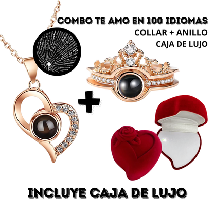 Te Amo en 100 Idiomas® | Collar y Anillo de Amor + Caja Rosa