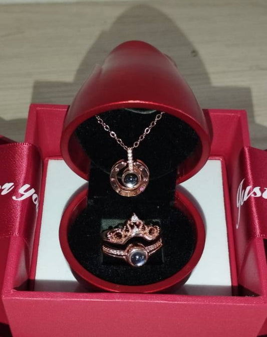 Rosa Floreciente® Lujo | Caja Lujo + Anillo y Collar Te Amo En 100 Idiomas 🌹💕💎